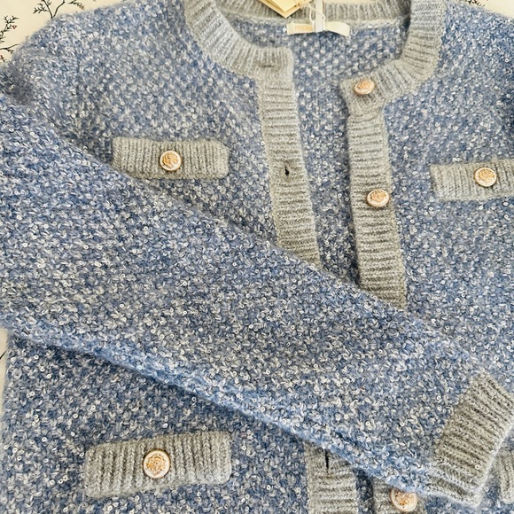 Maje Light Blue Tweed Sequin Cardigan Jacket Size 2 NWT - Picture 14 of 14